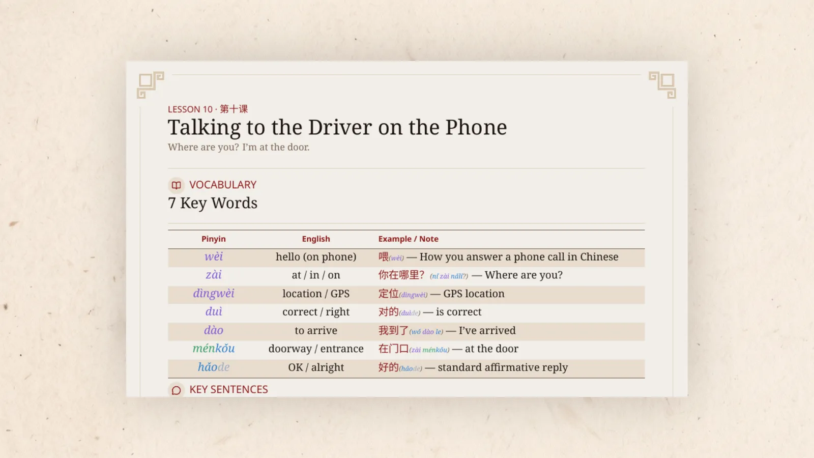 Structured vocabulary tables with Chinese, tone-colored pinyin, and English glosses