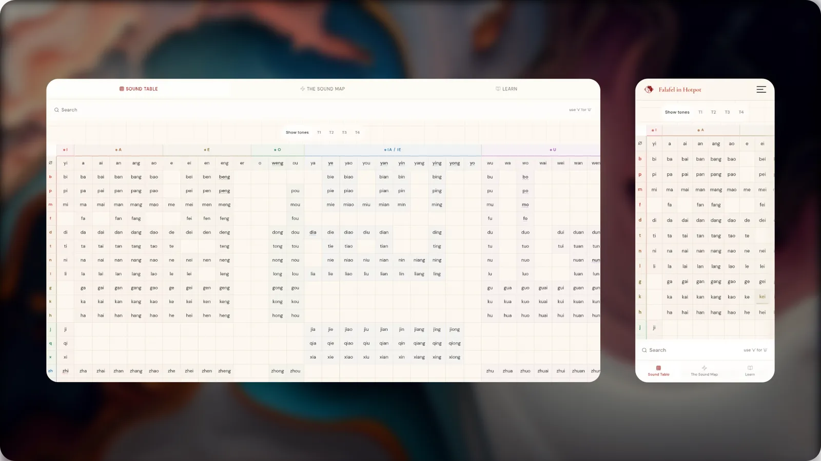 Pinyin Chart — desktop and mobile UI showing the interactive sound table